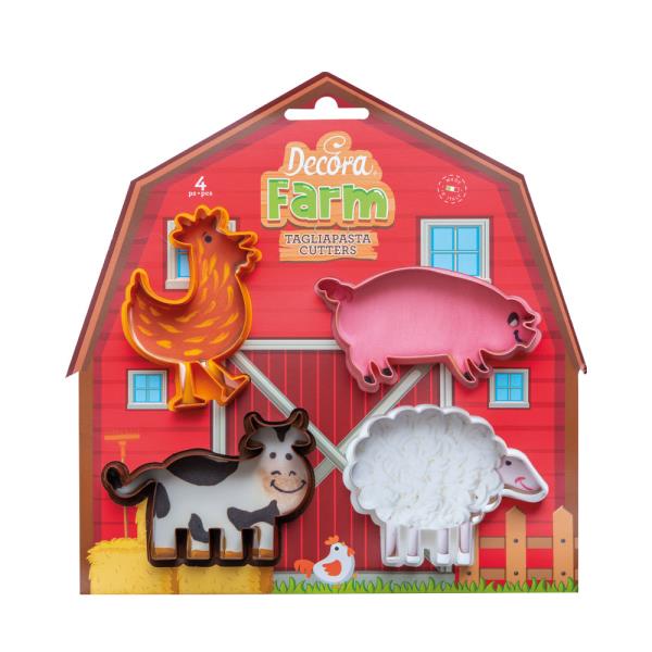 SET 4 TAGLIAPASTA IN PLASTICA ANIMALI FATTORIA GALLO MAIALE PECORA MUCCA