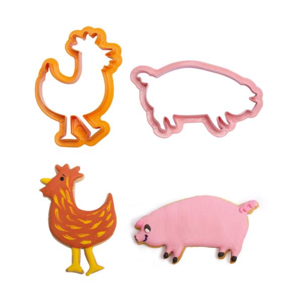 SET 4 TAGLIAPASTA IN PLASTICA ANIMALI FATTORIA GALLO MAIALE PECORA MUCCA